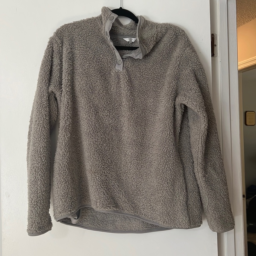 Gray, fuzzy quarter button up jacket